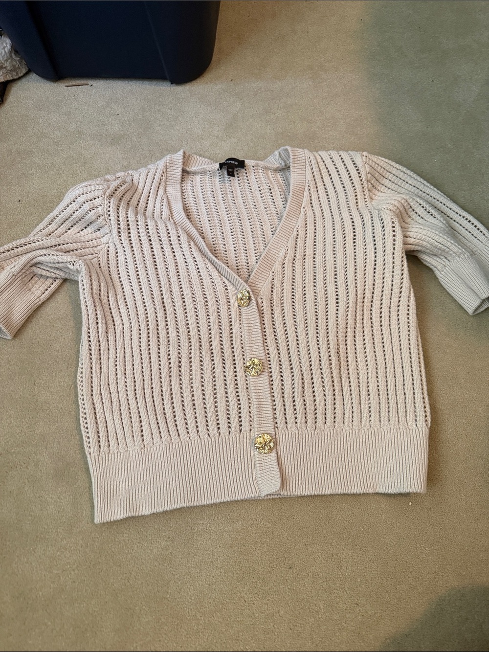 Express Cream Open-Knit V-Neck Button Cardigan with Gold Buttons